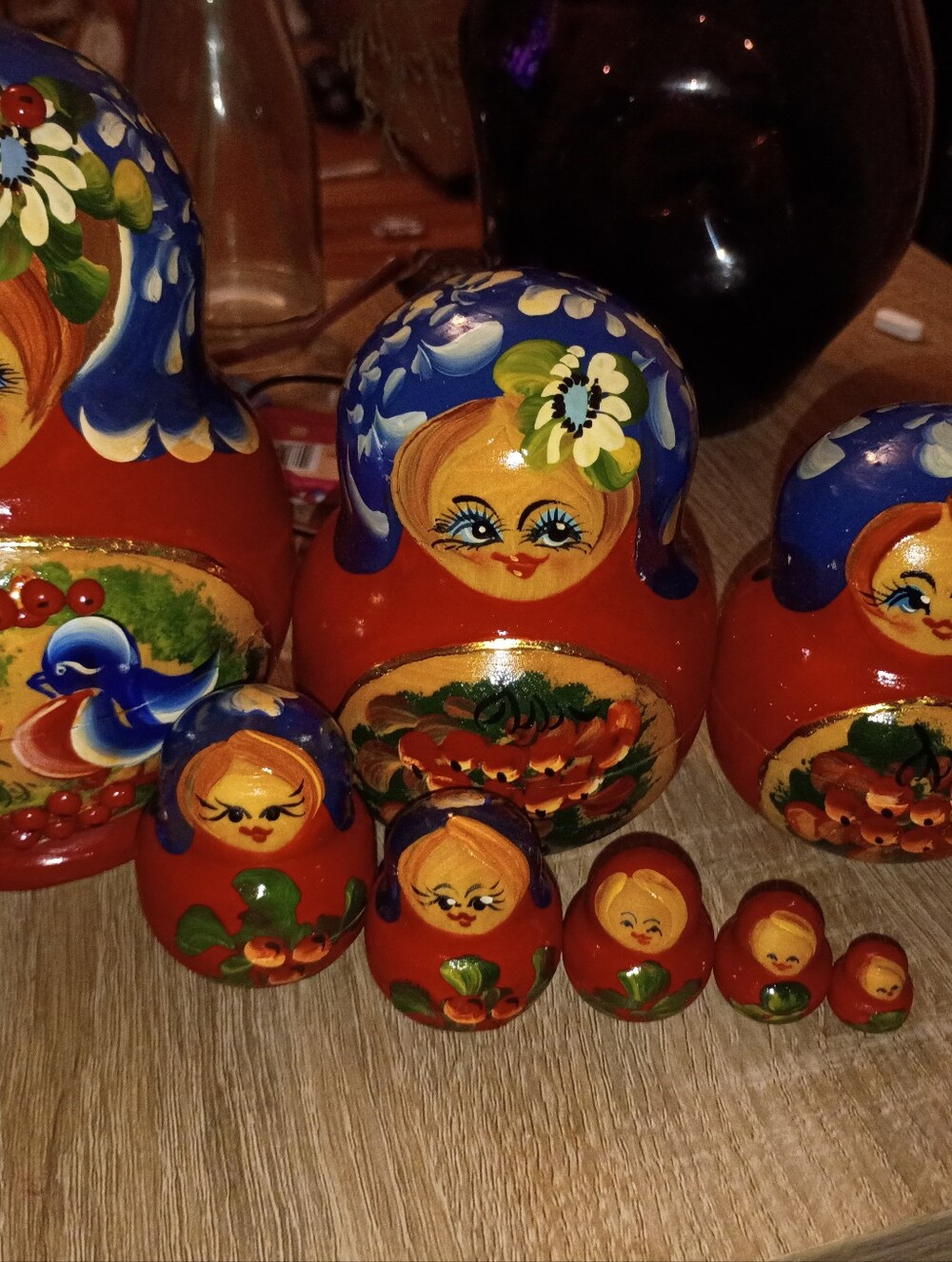 Handcrafted Red and Blue Nesting Dolls Set